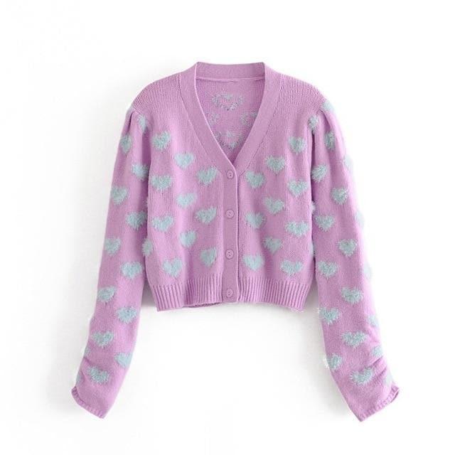knitted contrast shagy heart puff sleeve sweater