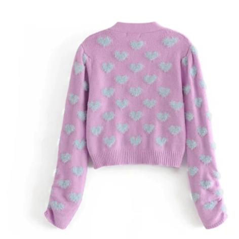 knitted contrast shagy heart puff sleeve sweater