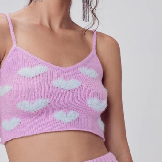 knitted contrast shagy heart puff sleeve sweater