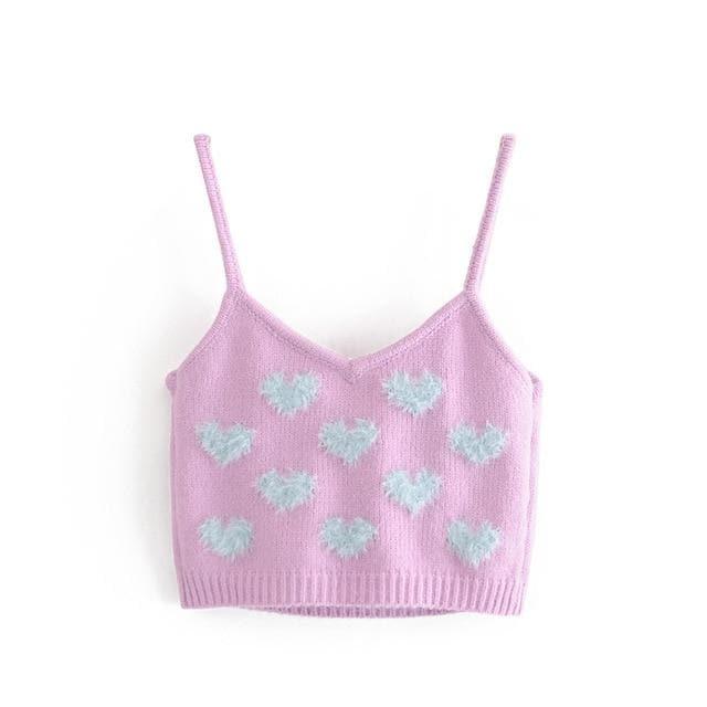 knitted contrast shagy heart puff sleeve sweater