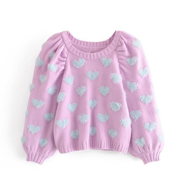 knitted contrast shagy heart puff sleeve sweater