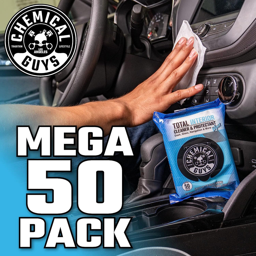 Chemical Guys PMWSPI22050 Total Interior Cleaner &amp; Protectant Wipes Mega 50 Pack, Safe for Cars, Trucks, SUVs, Jeeps, Motorcycles, RVs &amp; More ( 50 Ct)