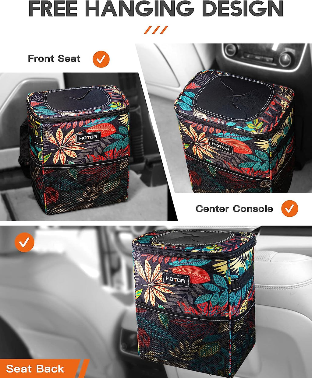 HOTOR Car Trash Can, Multifunctional &amp; Fashionable Car Accessory for Interior Use, Waterproof &amp; Leakproof Car Organizer and Storage Bag with Adjustable Straps, Magnetic Buckles (Colorful Leaves)