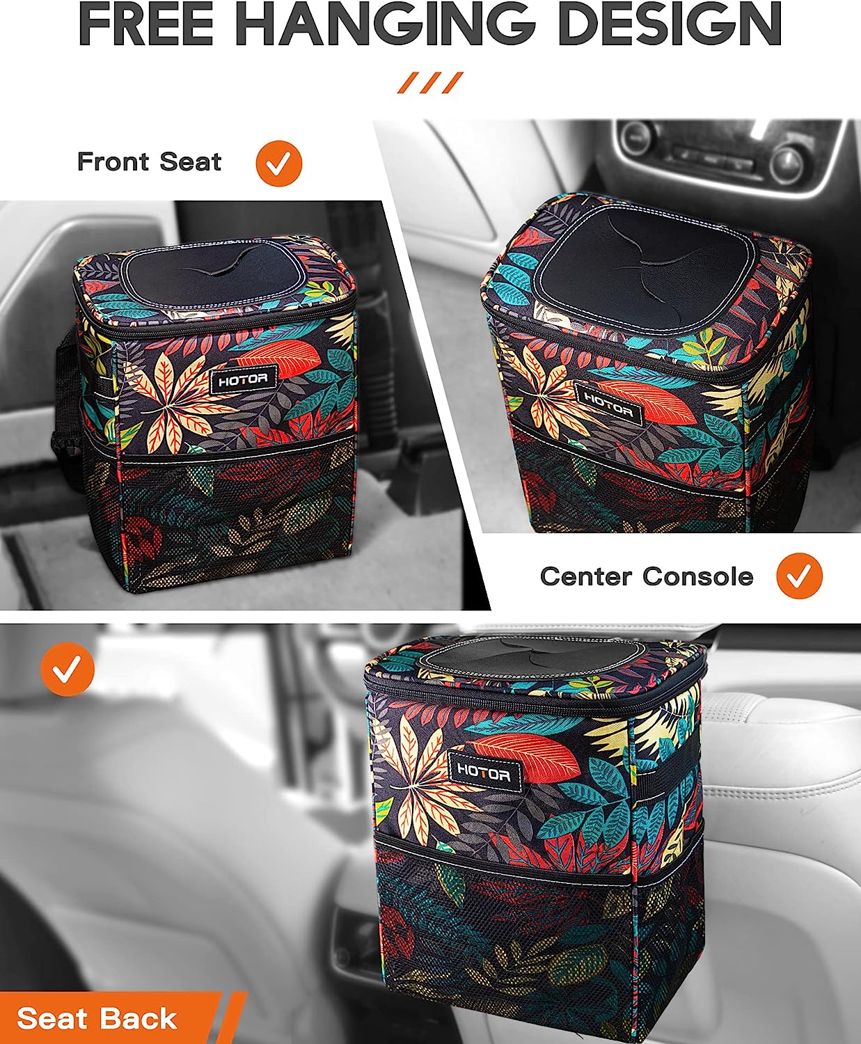 HOTOR Car Trash Can, Multifunctional &amp; Fashionable Car Accessory for Interior Use, Waterproof &amp; Leakproof Car Organizer and Storage Bag with Adjustable Straps, Magnetic Buckles (Colorful Leaves)