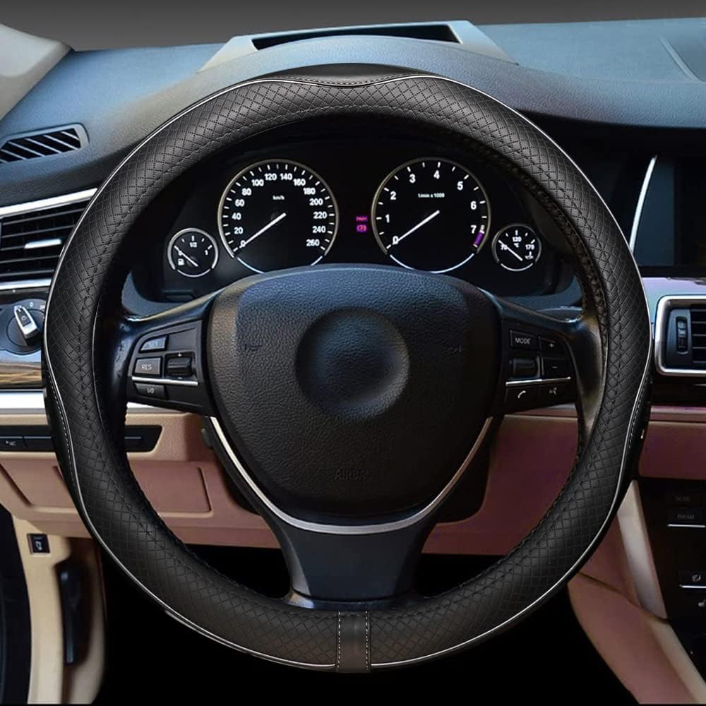 Gomass Car Steering Wheel Cover, Anti-Slip, Safety, Soft, Breathable, Heavy Duty, Thick, Full Surround, Sports Style (Black with Gray Line)