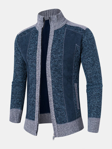 mens contrast stitching stand collar zipper front knitted casual cardigans