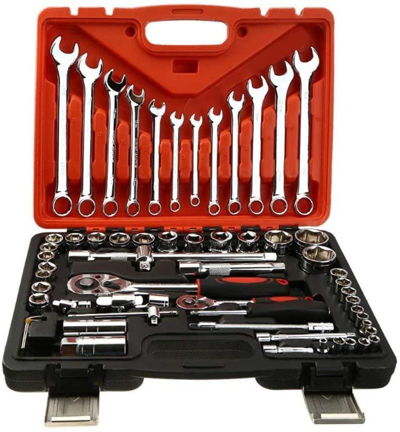 FMOCar Repair Toolbox Combination Set Premium Hand Tool 61 Pcs Auto Repair Tool Set Combination Wrench and Drive Socket Tool Kit Set with Reversible Ratche,Hand Tool Sets