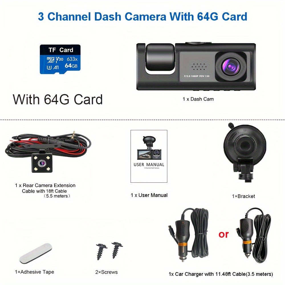 Camera FHD 1080P 3-Channel Dash Camera Front And Rear Inside Dash IR Night Vision Loop Recording G-Sensor Car DVR Camera With 2-Inch IPS Screen 3 Cameras