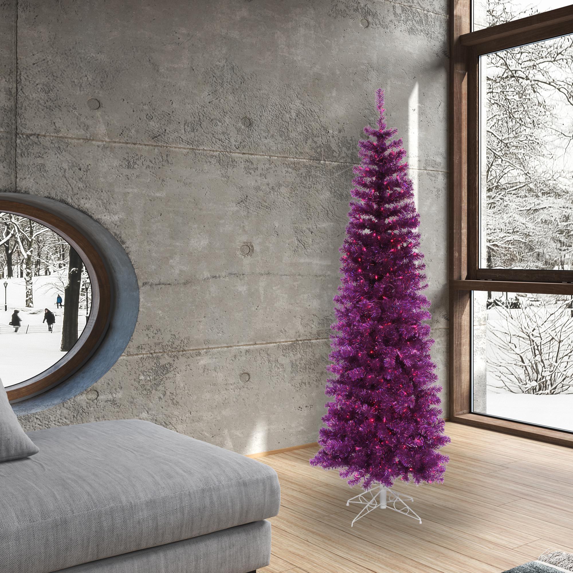 Vickerman Artificial Christmas Tree 6.5' x 27" Purple Pencil Dura-lit LED 300 Purple Lights