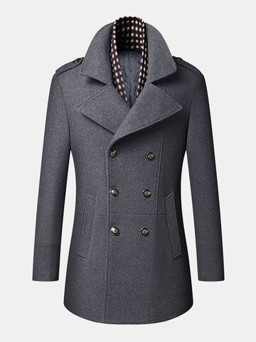 mens double breasted woolen lapel british style overcoats with scarf