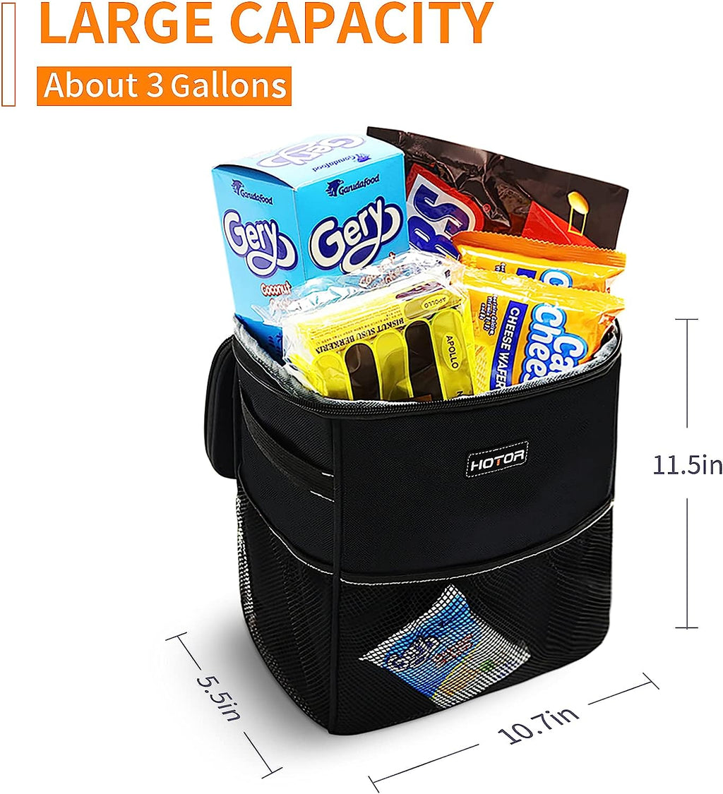 HOTOR 3 Gallons Car Trash Can, Ultra Large Capacity Car Organizer and Storage with Adjustable Straps &amp; Magnetic Snaps, Waterproof Car Accessory for Interior Car Stuff Storage (Black)