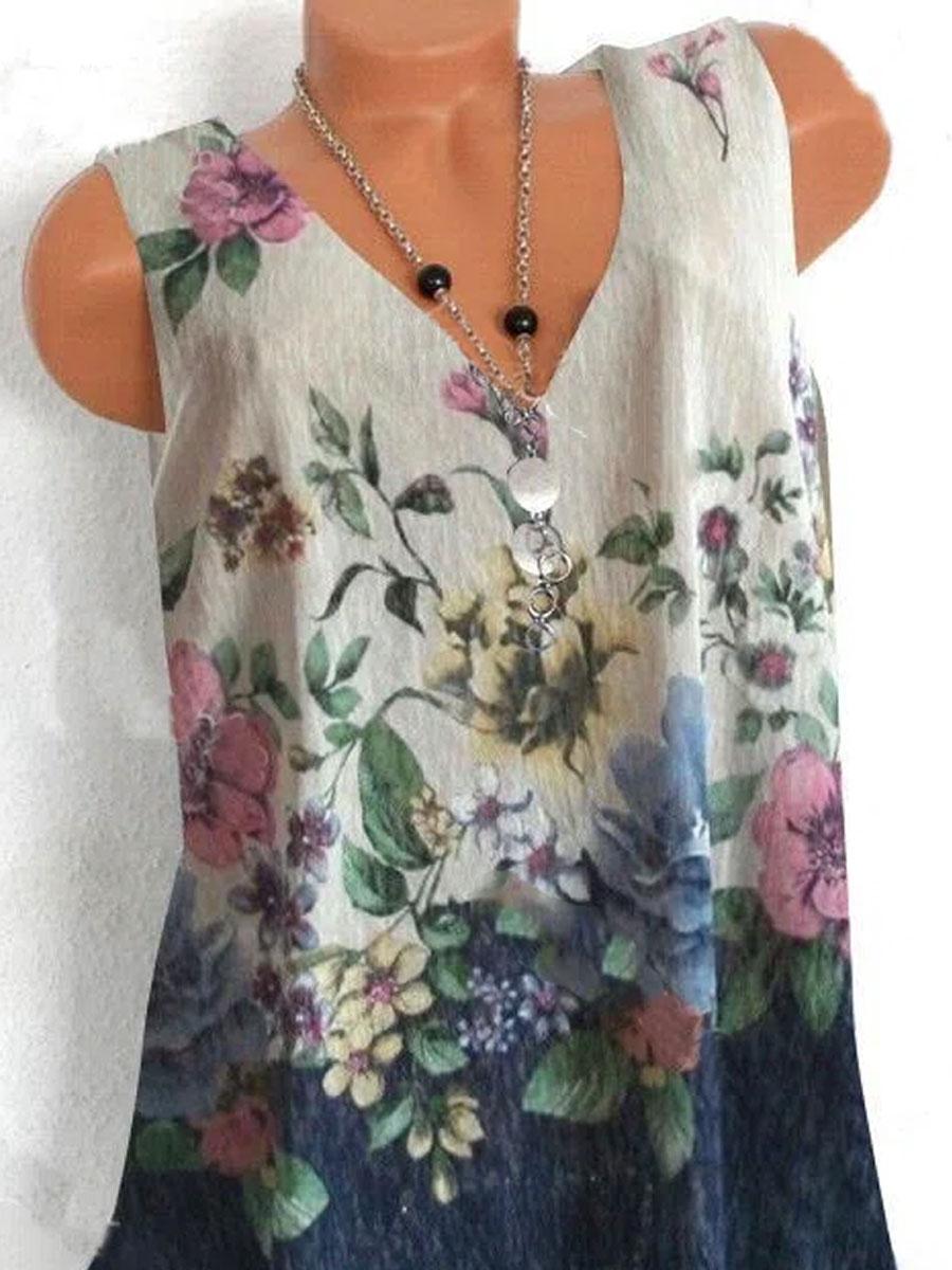 V-neck Floral Print Loose Sleeveless Fashion T-shirt