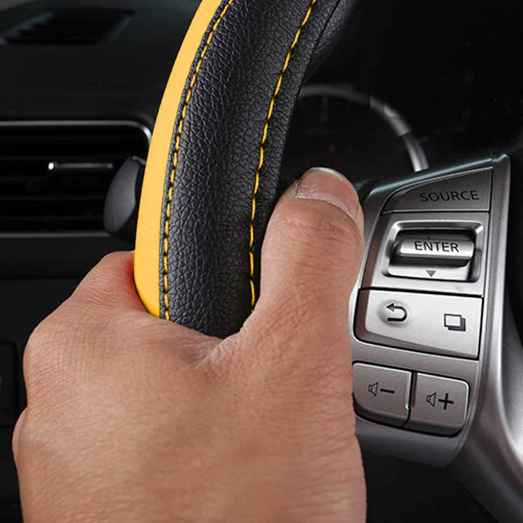 Leather Car Steering Wheel Cover, Non-Slip Car Wheel Cover Protector Breathable Microfiber Leather Universal Fit for Most Cars (Black&amp;Yellow)