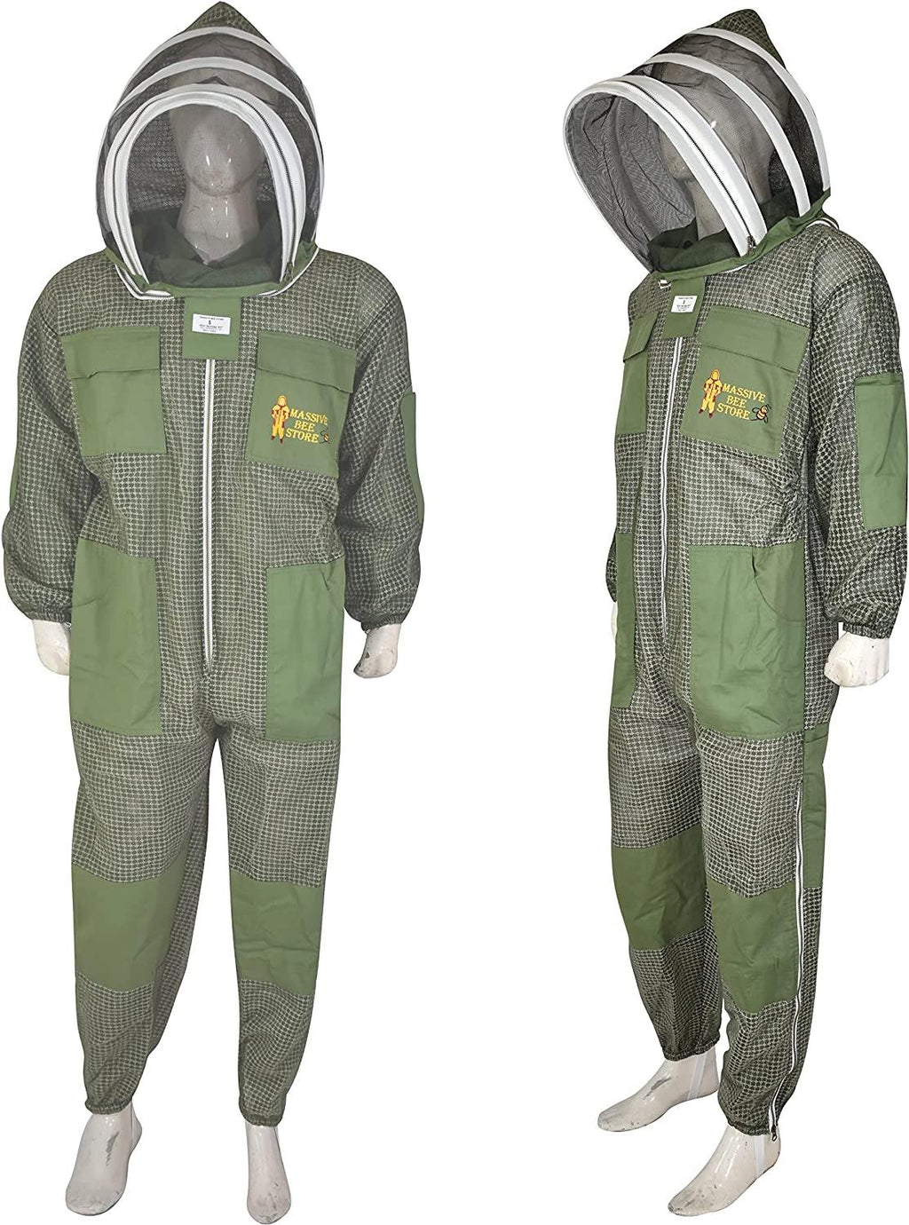 Three Layer Beekeeping Ventilated Suit and Jacket Fully Protection Beekeepers Ultra Ventilated Bee Suit and Bees Jacket with Fencing Veil and Round Veil (S, Olive Green Fencing Veil)