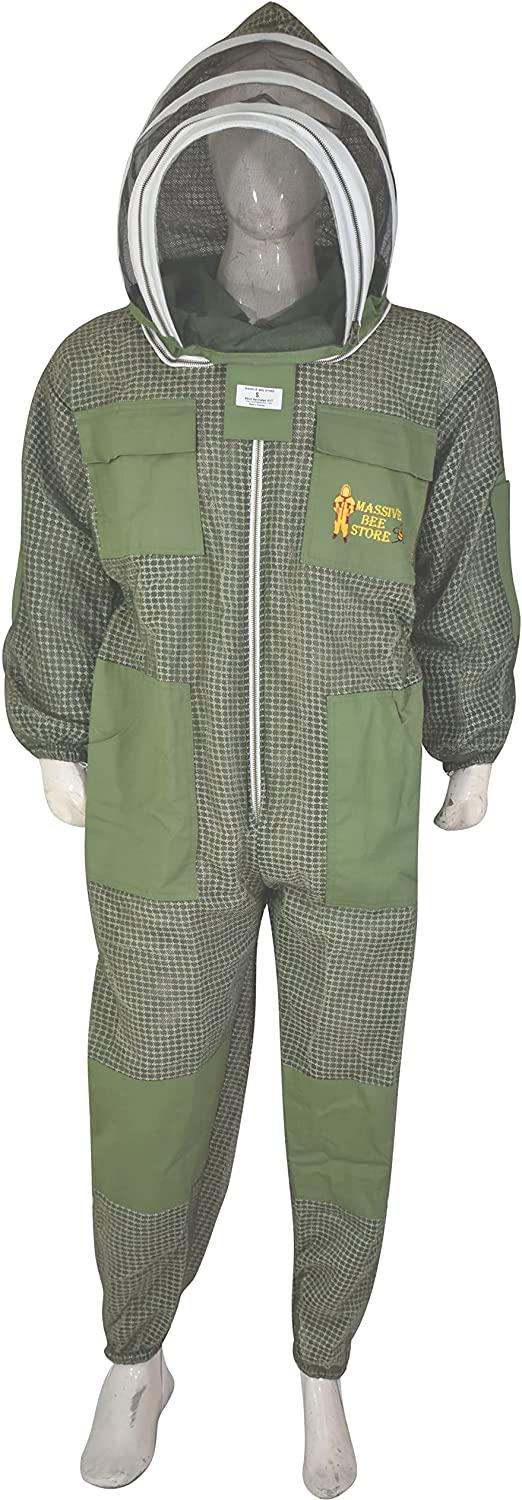 Three Layer Beekeeping Ventilated Suit and Jacket Fully Protection Beekeepers Ultra Ventilated Bee Suit and Bees Jacket with Fencing Veil and Round Veil (S, Olive Green Fencing Veil)