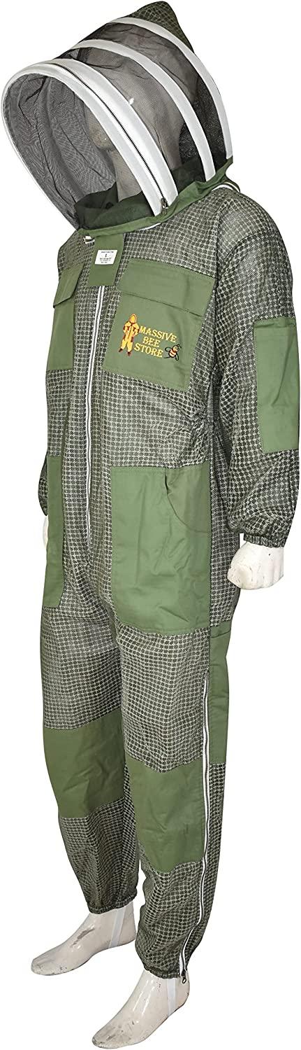 Three Layer Beekeeping Ventilated Suit and Jacket Fully Protection Beekeepers Ultra Ventilated Bee Suit and Bees Jacket with Fencing Veil and Round Veil (S, Olive Green Fencing Veil)