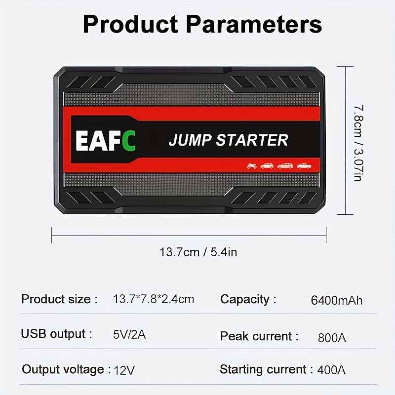 Portable Car Jump Starter Battery Power Bank Emergency Booster With LED Light 12V Auto Starting Device Support Starting 12V Gasoline Cars Up To 101.44oz