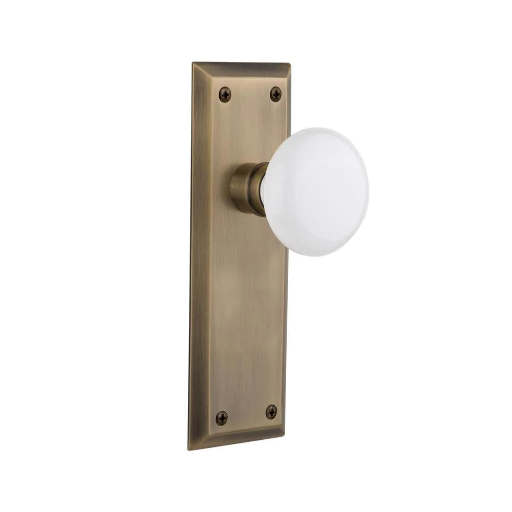 York Plate 2-3/4 in. Backset Antique Brass Privacy Bed/Bath White Porcelain Door Knob