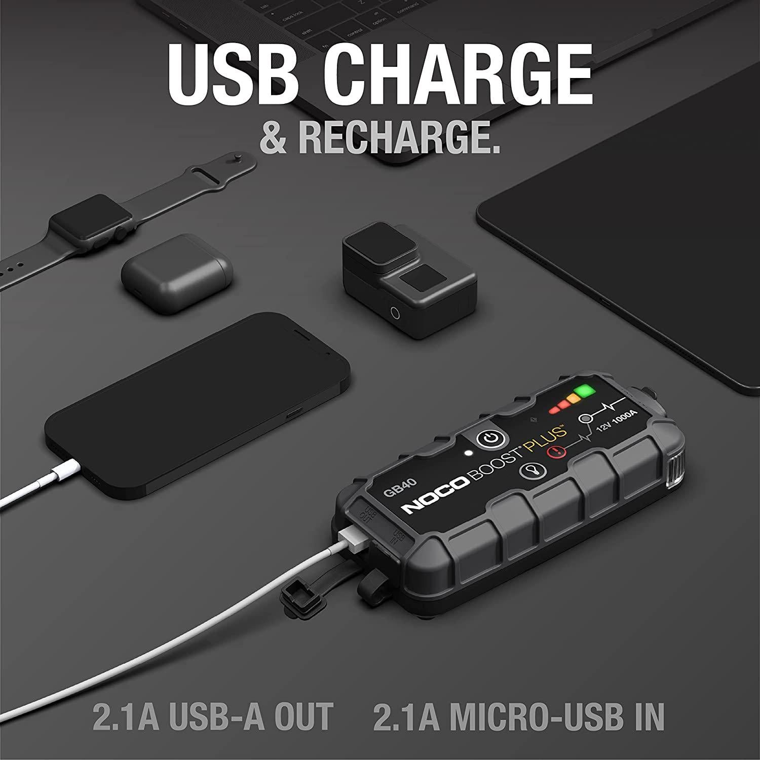 NOCO Boost Plus GB40 1000 Amp 12-Volt UltraSafe Lithium Jump Starter Box, Car Battery Booster Pack, Portable Power Bank Charger, and Jumper Cables for up to 6-Liter Gasoline and 3-Liter Diesel Engines