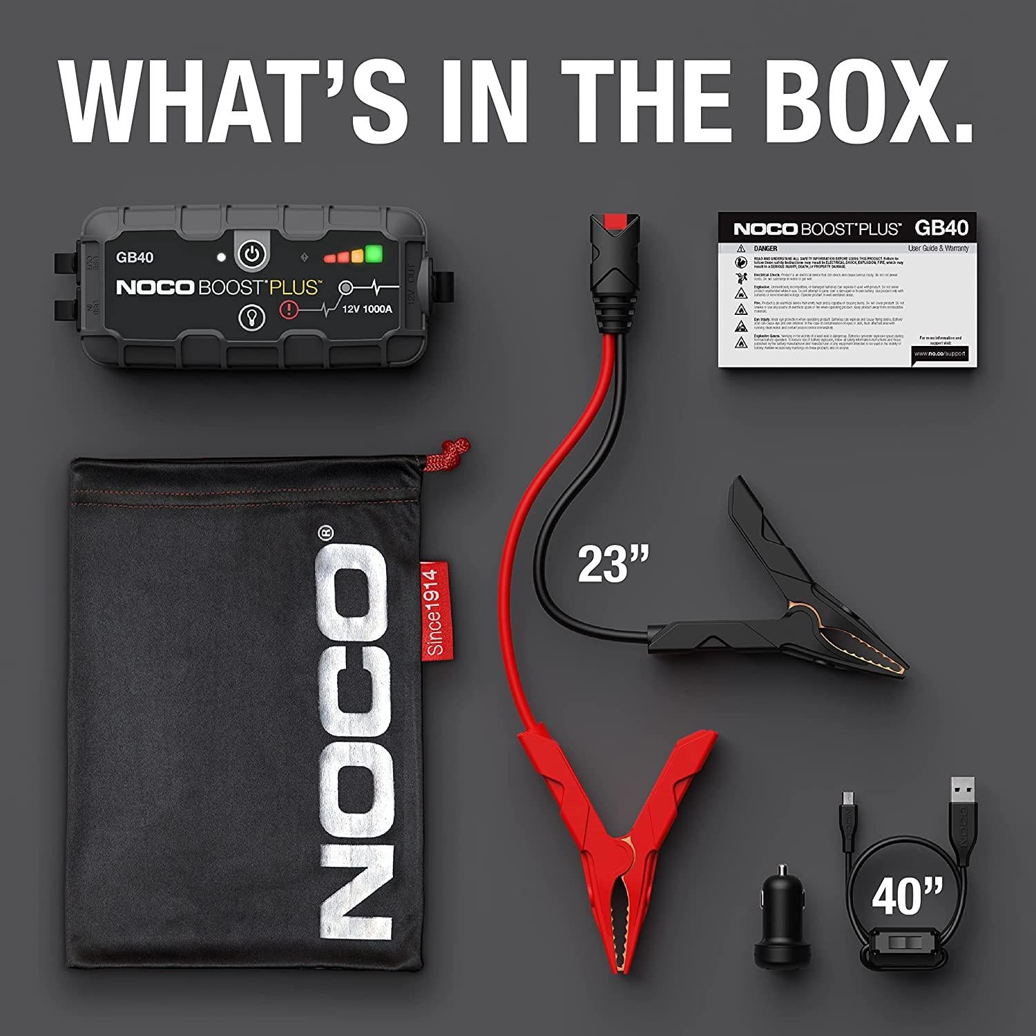 NOCO Boost Plus GB40 1000 Amp 12-Volt UltraSafe Lithium Jump Starter Box, Car Battery Booster Pack, Portable Power Bank Charger, and Jumper Cables for up to 6-Liter Gasoline and 3-Liter Diesel Engines