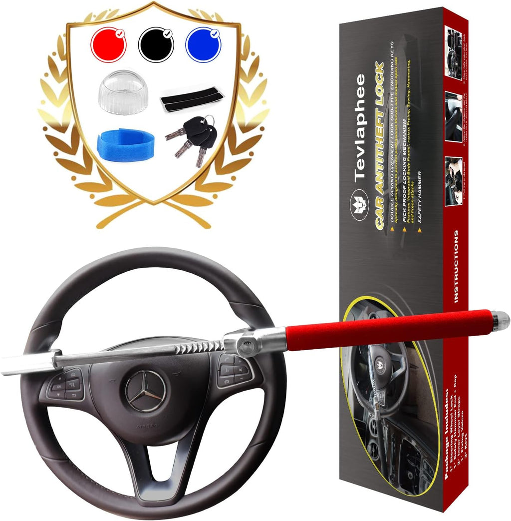 Tevlaphee Steering Wheel Lock Anti Theft Car Device Universal Car Theft Prevention Car Lock Adjustable Double Hook Emergency Hammer Window Breaker Self Defense Heavy Duty Secure (Red)