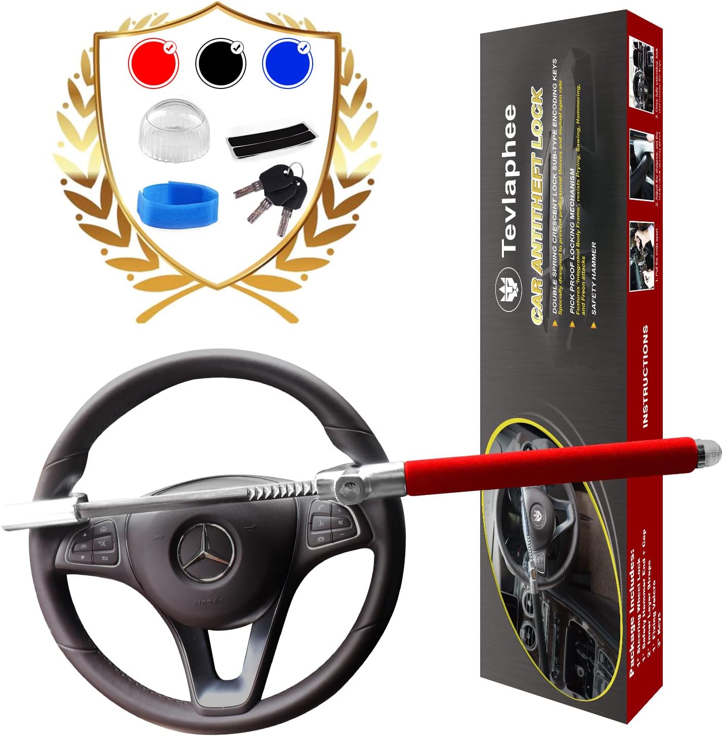 Tevlaphee Steering Wheel Lock Anti Theft Car Device Universal Car Theft Prevention Car Lock Adjustable Double Hook Emergency Hammer Window Breaker Self Defense Heavy Duty Secure (Red)
