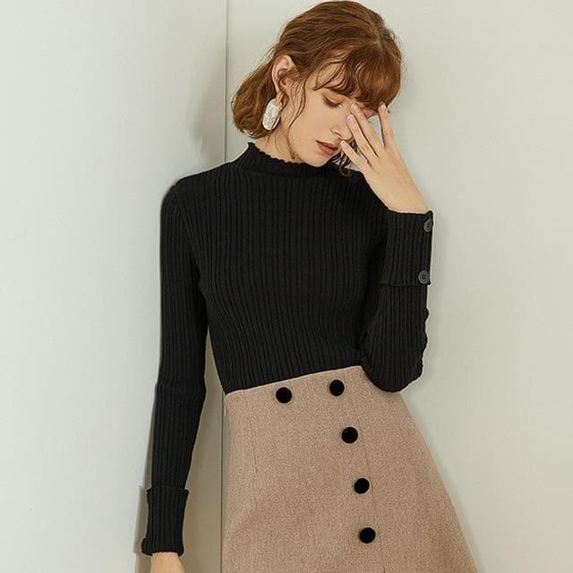 ruffles button fashion sweet slim sweater