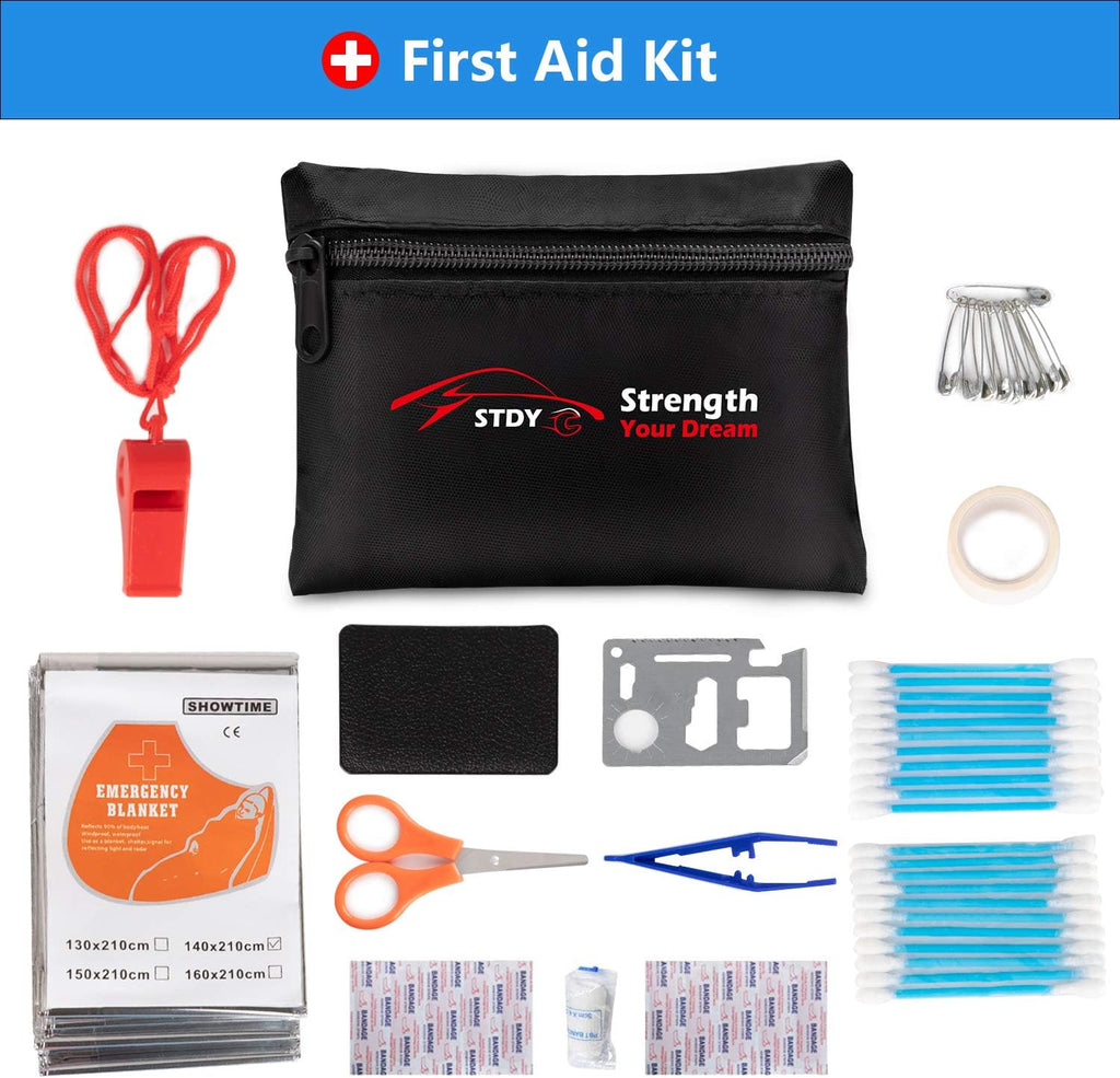 STDY Car Roadside Emergency Kit, Auto Vehicle Truck Safety Emergency Road Side Assistance Kits with Jumper Cables, Portable Air Compressor, First Aid Kit, Tow Rope, Reflective Triangle, etc