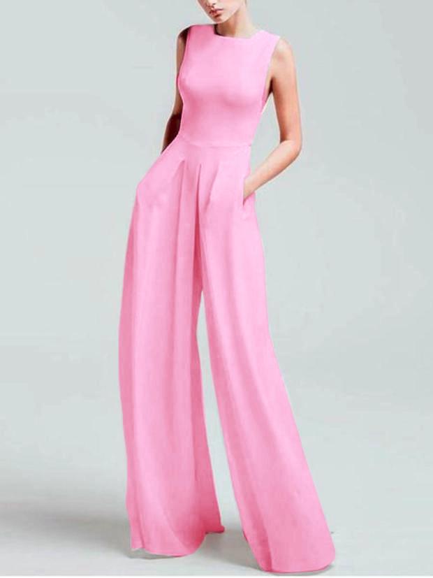 Women's Casual Square-Cut Collar Pure Color Sleeveless Jumpsuit