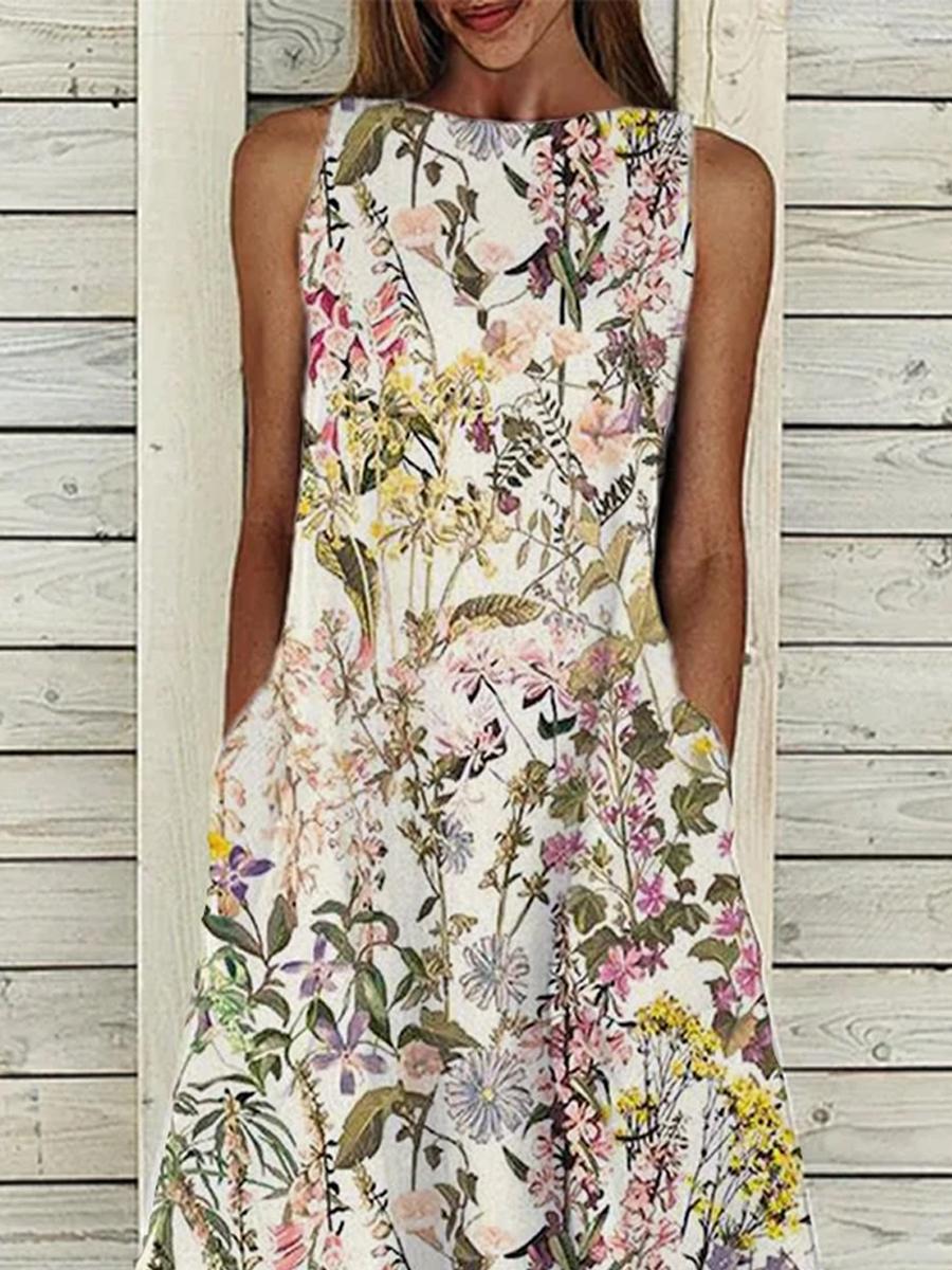 Ladies Cotton Casual Flower Print Maxi Dress