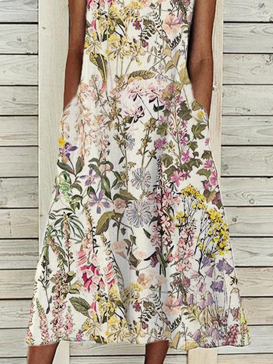Ladies Cotton Casual Flower Print Maxi Dress