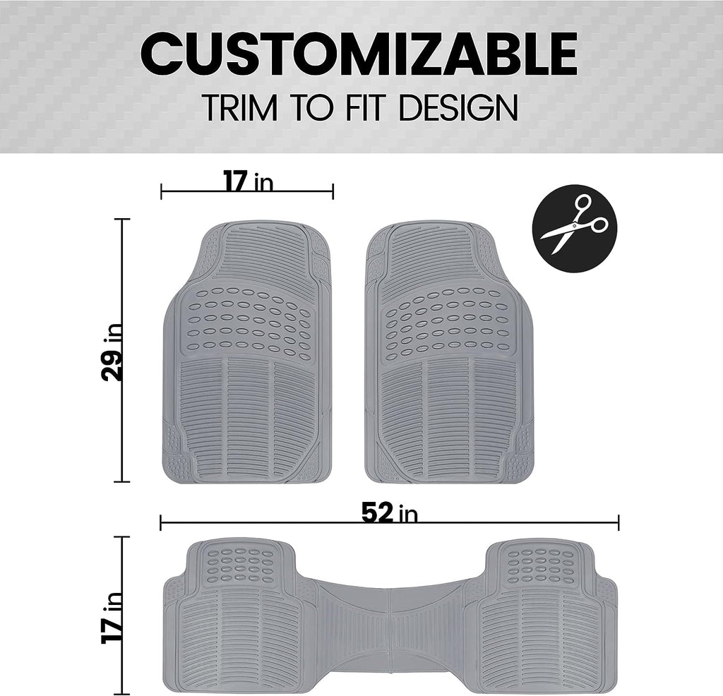 BDK Original ProLiner 3 Piece Heavy Duty Front &amp; Rear Rubber Floor Mats for Car SUV Van &amp; Truck, Gray - All Weather Floor Protection with Universal Fit