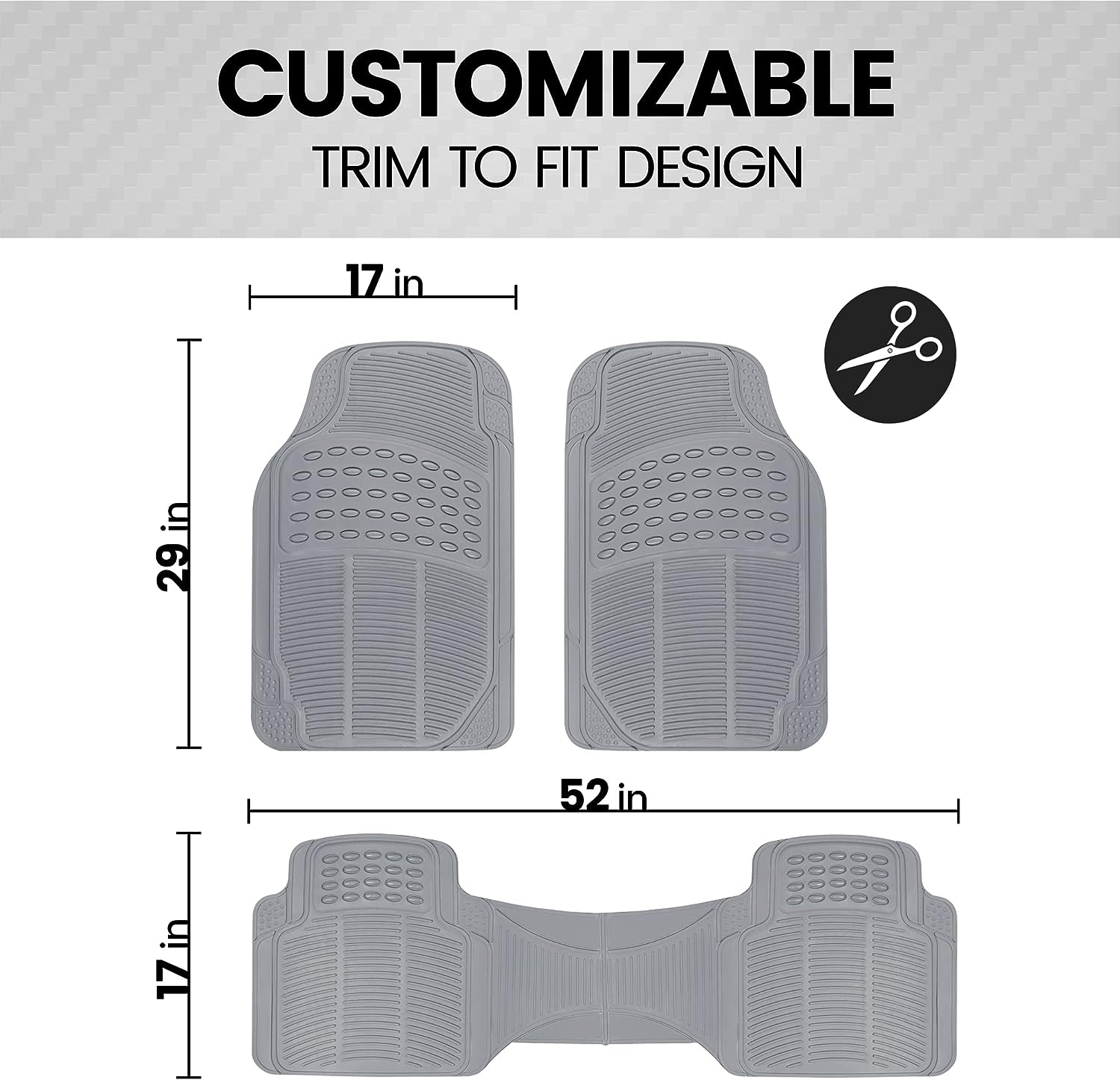 BDK Original ProLiner 3 Piece Heavy Duty Front &amp; Rear Rubber Floor Mats for Car SUV Van &amp; Truck, Gray - All Weather Floor Protection with Universal Fit