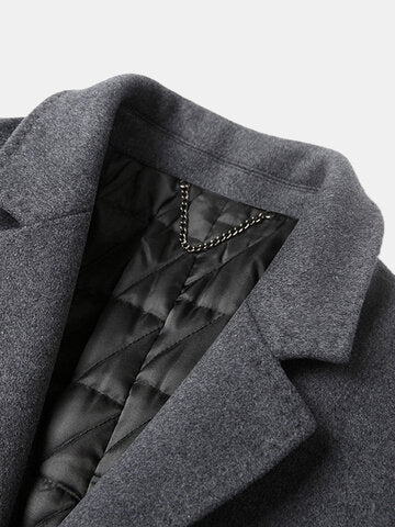 mens woolen pure color button up business casual mid-length overcoats
