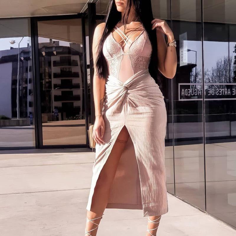 knotted front slit midi skirt