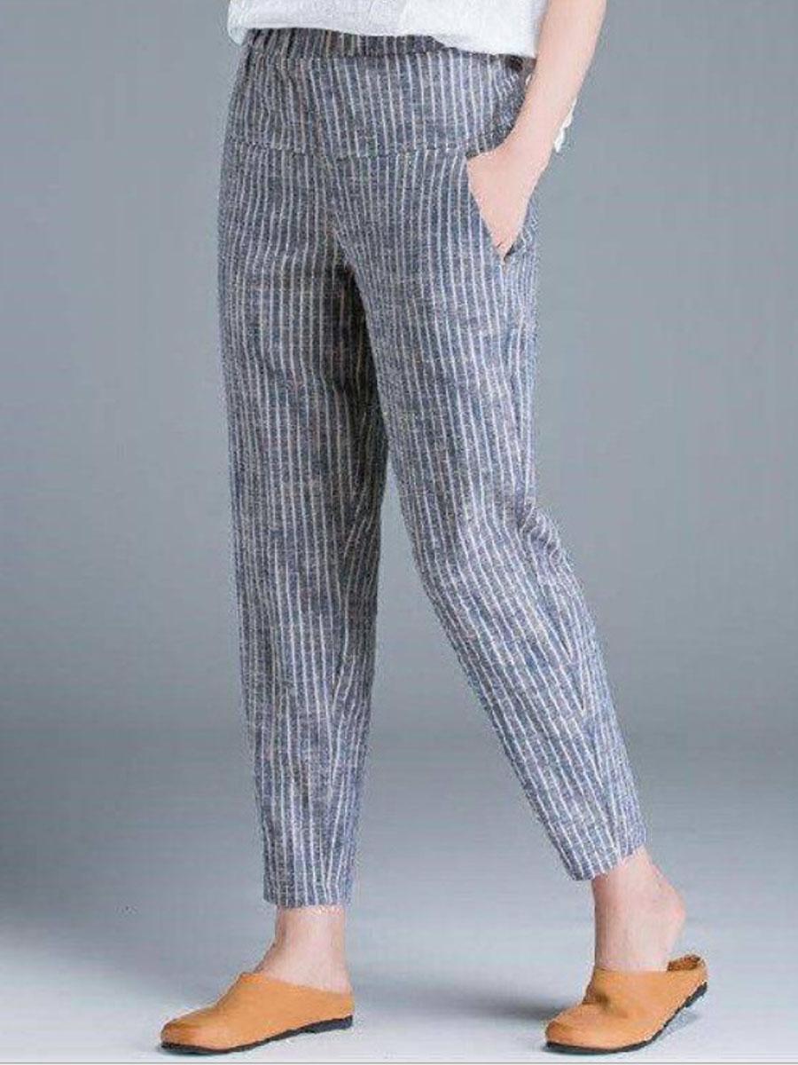 Pure Color Cotton And Linen Elastic Waist Casual Pants