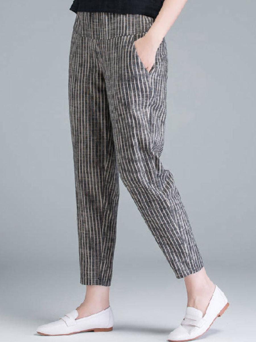 Pure Color Cotton And Linen Elastic Waist Casual Pants