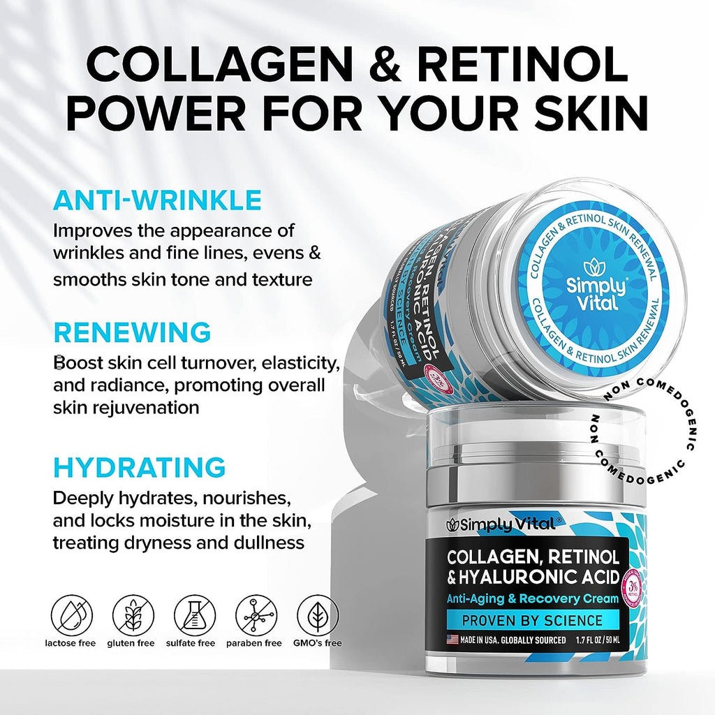 SimplyVital Face Moisturizer Collagen Cream - Anti Aging Neck and Décolleté - Made in USA Day &amp; Night Face Cream - Moisturizing, Lifting &amp; Recovery - 1.7oz