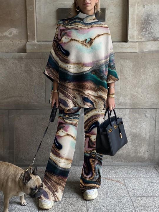 Ladies Fashion Gold Bronzing Painted Marble Texture Printing Suit