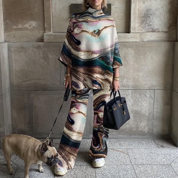 Ladies Fashion Gold Bronzing Painted Marble Texture Printing Suit