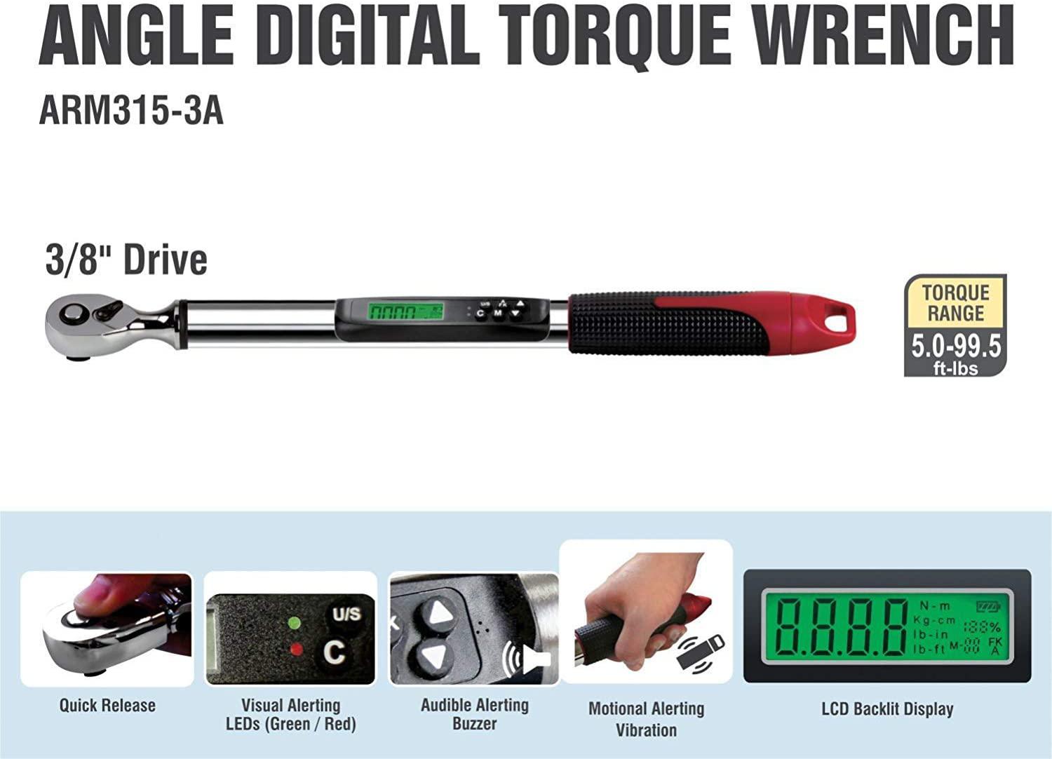 ACDelco 3/8" Digital Angle Torque Wrench (5 to 99.5 ft-lbs.) Buzzer, Vibration &amp; Flash Alarm - ISO 6789 Standards with Certificate of Calibration, ARM315-3A