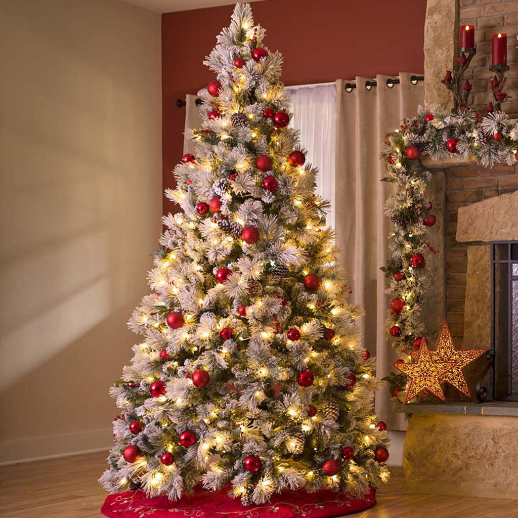Hykolity 6 ft Snow Flocked Christmas Tree, Artificial Christmas Tree with Pine Cones, 250 Warm White Lights, 762 Tips, Metal Stand and Hinged Branches
