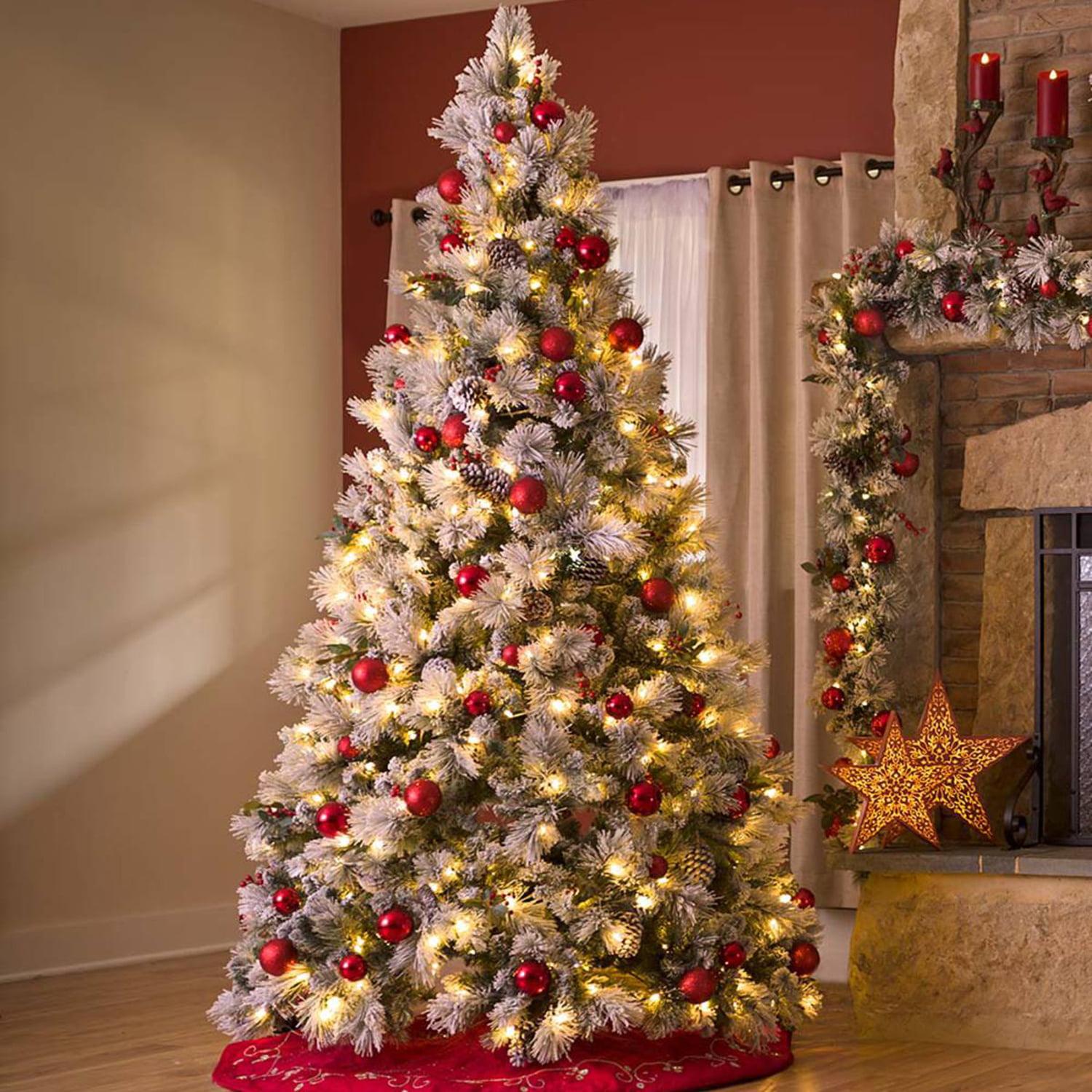 Hykolity 6 ft Snow Flocked Christmas Tree, Artificial Christmas Tree with Pine Cones, 250 Warm White Lights, 762 Tips, Metal Stand and Hinged Branches