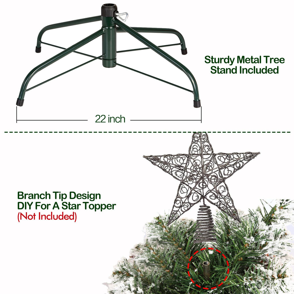 Hykolity 6 ft Snow Flocked Christmas Tree, Artificial Christmas Tree with Pine Cones, 250 Warm White Lights, 762 Tips, Metal Stand and Hinged Branches