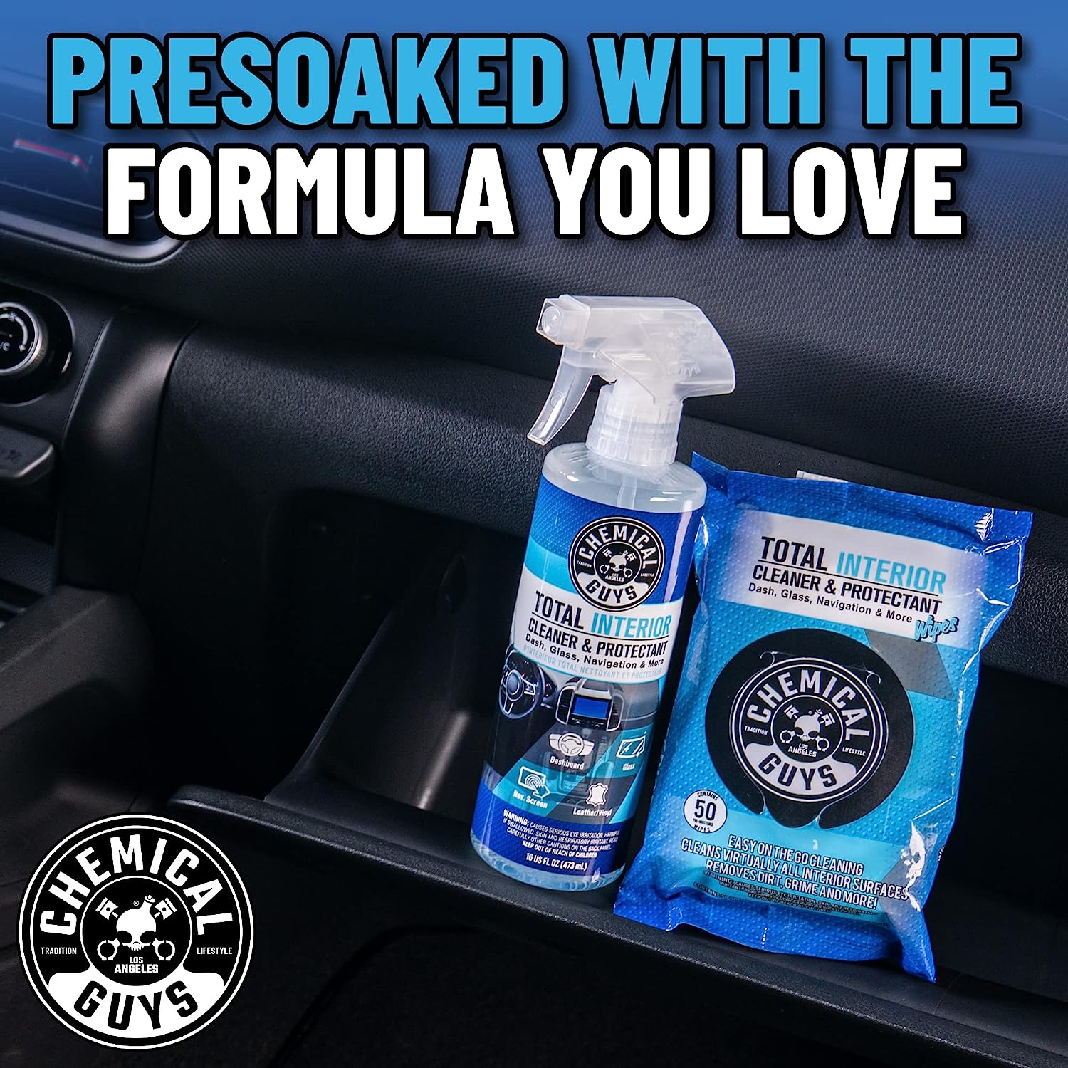 Chemical Guys PMWSPI22050 Total Interior Cleaner &amp; Protectant Wipes Mega 50 Pack, Safe for Cars, Trucks, SUVs, Jeeps, Motorcycles, RVs &amp; More ( 50 Ct)