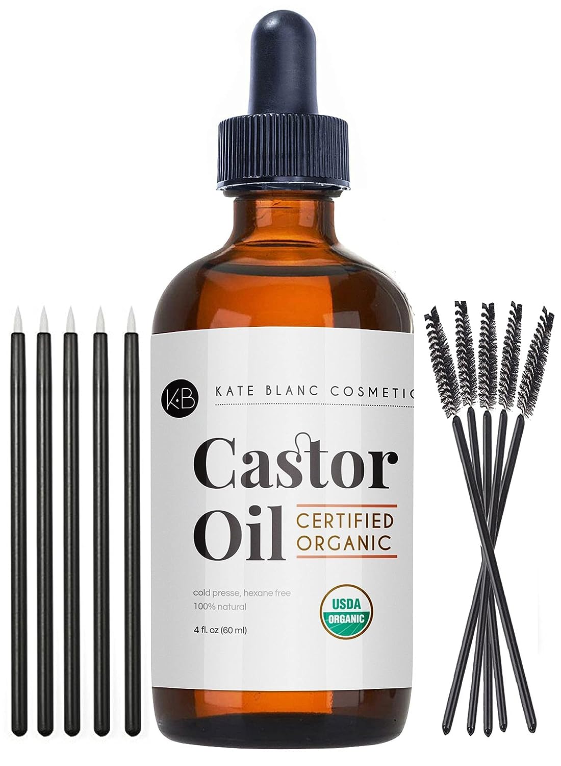 Organic Castor Oil (4oz), USDA Certified, 100% Pure, Cold Pressed, Hexane Free by Kate Blanc. Stimulate Growth for Eyelashes, Eyebrows, Hair. Skin Moisturizer &amp; Oil Cleanse with Starter Kit