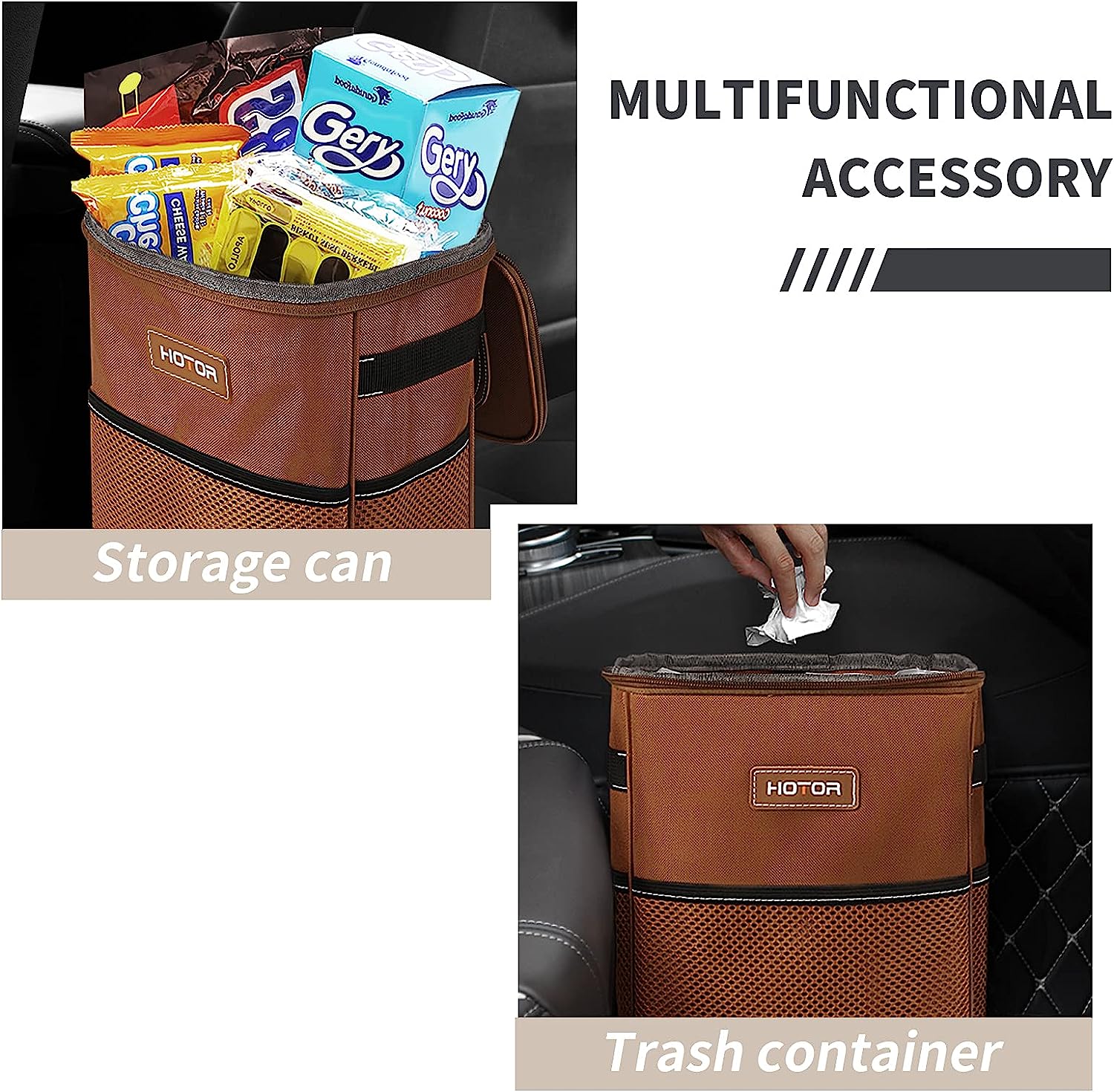 HOTOR Car Trash Can, Multifunctional Car Accessory for Interior Car Stuff Storage with Compact Design, Waterproof Car Organizer and Storage with Adjustable Straps, Magnetic Snaps (Brown)