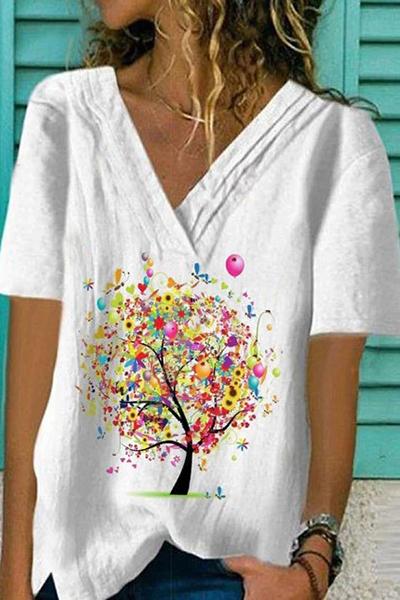 Fashion V-Neck Irregular Loose Print T-Shirts
