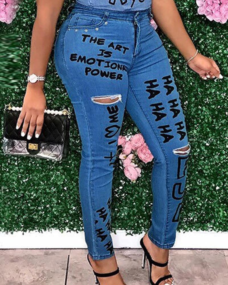 Letter Print Slant Pocket Ripped Skinny Jeans