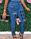 Letter Print Slant Pocket Ripped Skinny Jeans